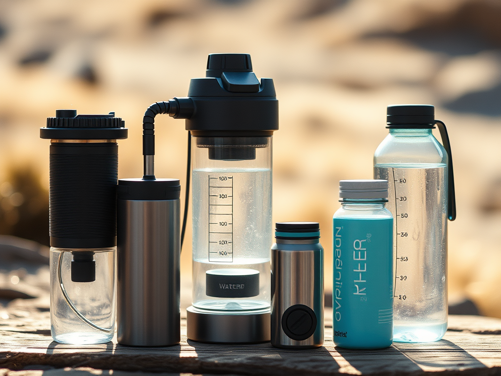 Campeur filtrant de l’eau dans une rivière avec un système de gravité en pleine nature